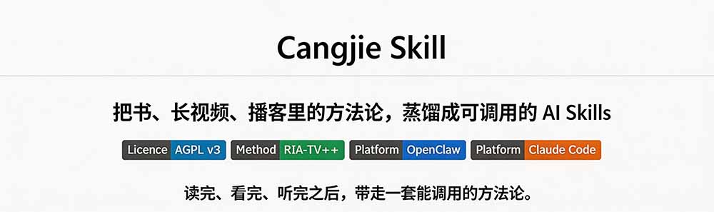 图片[1]-全网走红！GitHub上6.7K Star的开源项目，把任何书、长视频、播客蒸馏成AI工具，值得收藏 cangjie-skill-龙大资源