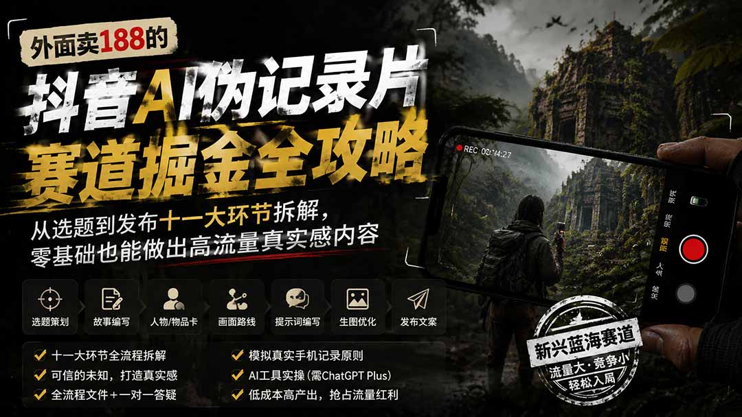 外面卖188的抖音AI伪记录片赛道掘金全攻略;从选题到发布十一大环节拆解,零基础也能做出高流量真实感内容-龙大资源