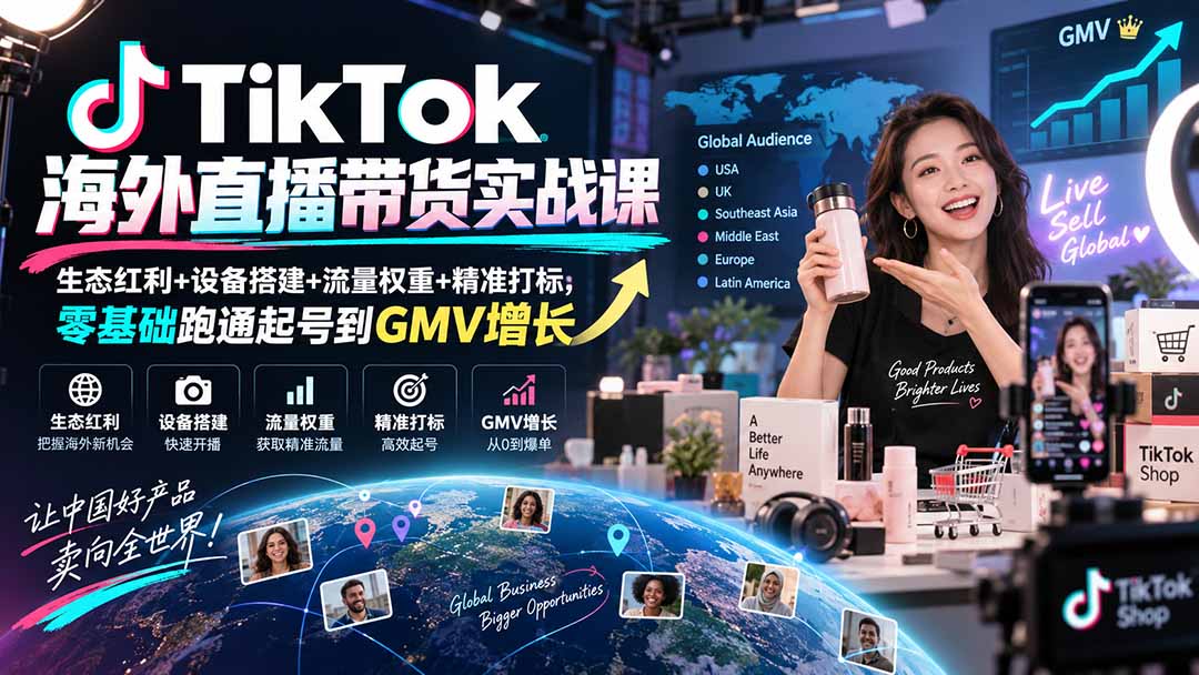 TikTok海外直播带货实战课｜生态红利+设备搭建+流量权重+精准打标，零基础跑通起号到GMV增长-龙大资源