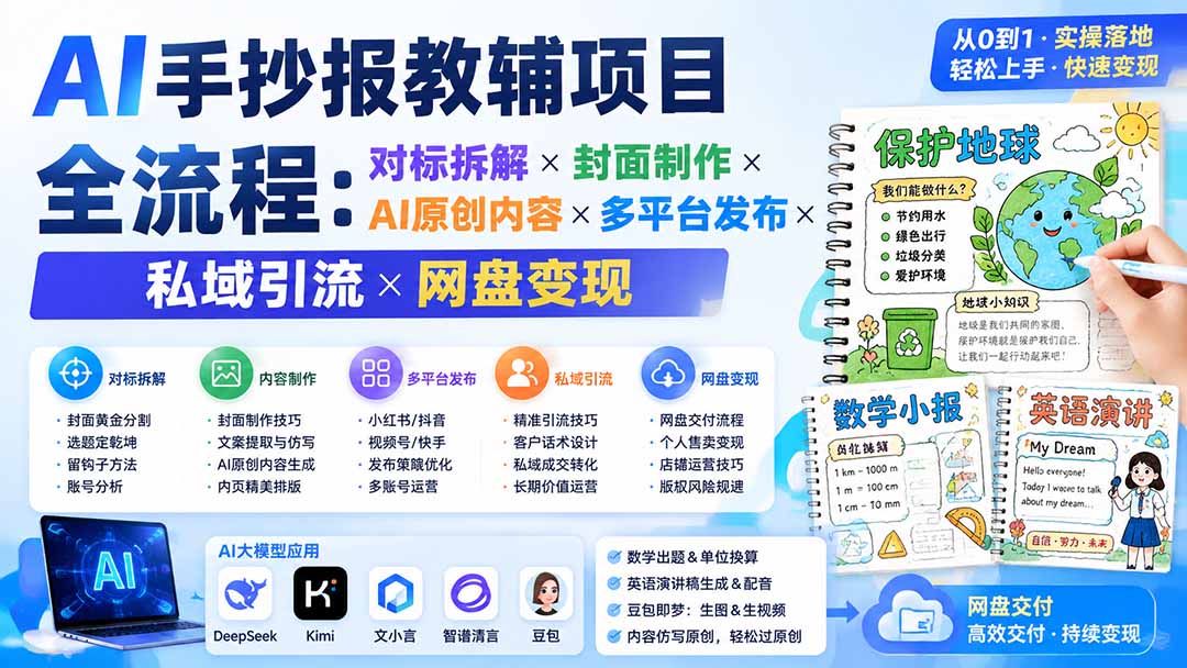 AI手抄报教辅项目全流程:对标拆解×封面制作×AI原创内容×多平台发布×私域引流×网盘变现-龙大资源