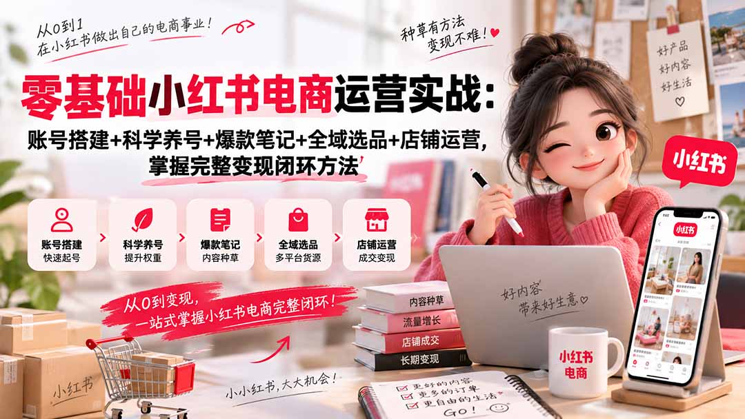 零基础小红书电商运营实战：账号搭建+科学养号+爆款笔记+全域选品+店铺运营，掌握完整变现闭环方法-龙大资源