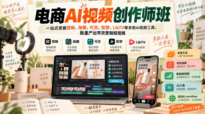 电商AI视频创作师班,一站式掌握剪映、海螺、可灵、即梦、LibTV等多款AI视频工具,批量产出带货营销短视频-龙大资源