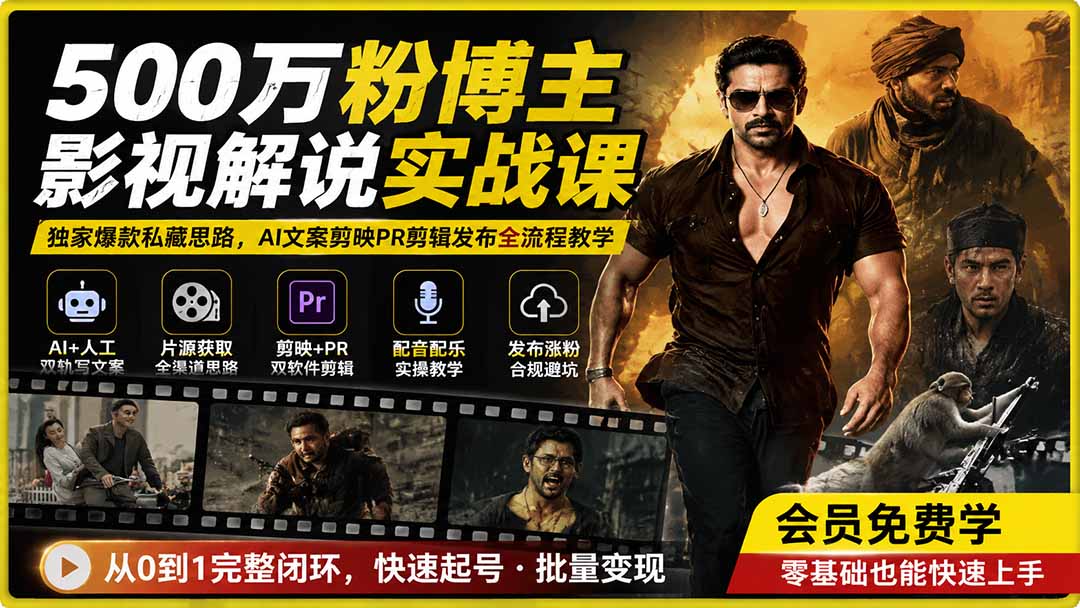 500万粉博主影视解说实战课|独家爆款私藏思路,AI文案剪映PR剪辑发布全流程教学-龙大资源