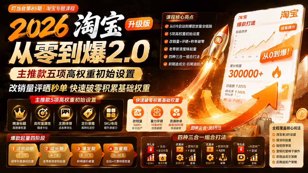 2026淘宝从零到爆2.0第85期;主推款五项高权重初始设置,改销量评晒秒单快速破零积累基础权重-龙大资源