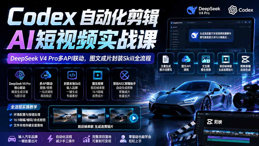 Codex自动化剪辑AI短视频实战课|DeepSeek V4 Pro多API联动,图文成片封装Skill全流程-龙大资源