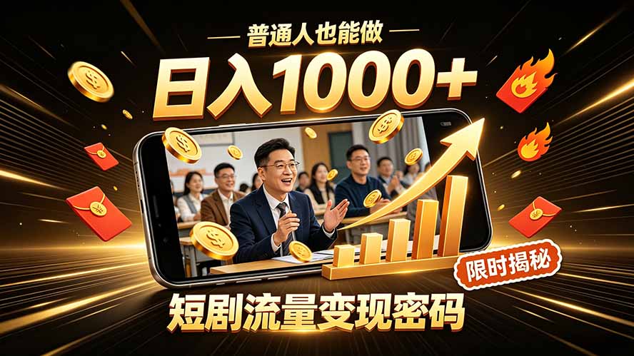 一部手机做短剧分发,不用真人出镜、不用拍摄剧本,快手流量变现日赚千元-龙大资源