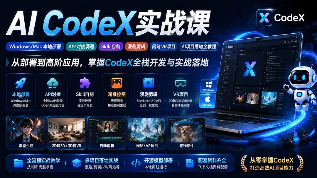 AI  CodeX实战课｜Windows/Mac 本地部署｜API 对接调通｜Skill 自制｜漫剧剪辑｜网站 VR 项目｜AI项目落地全教程-龙大资源