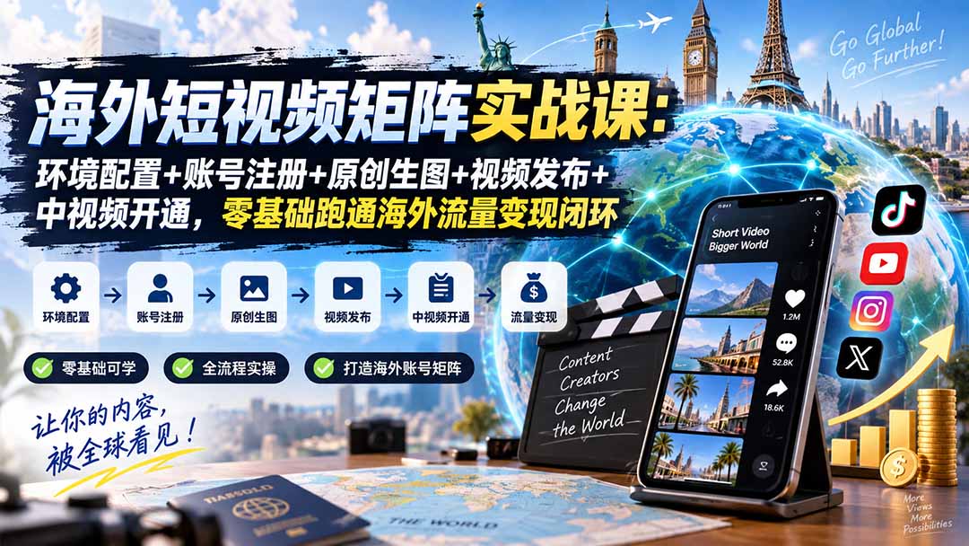 海外短视频矩阵实战课：环境配置+账号注册+原创生图+视频发布+中视频开通，零基础跑通海外流量变现闭环-龙大资源