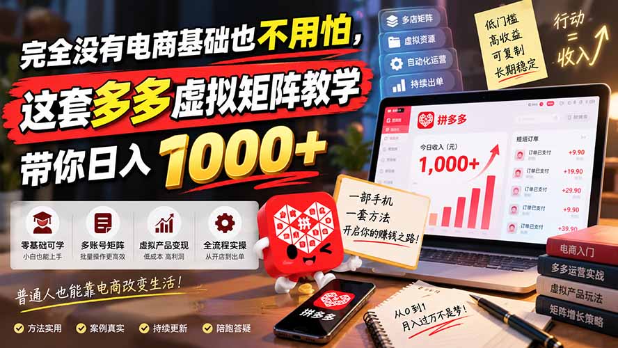 完全没有电商基础也不用怕，这套多多虚拟矩阵教学带你日入 1000+-龙大资源