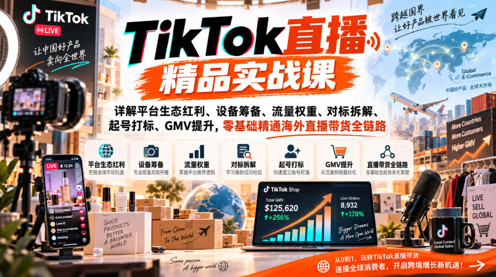 TikTok直播精品实战课,详解平台生态红利、设备筹备、流量权重、对标拆解、起号打标、GMV提升,零基础精通海外直播带货全链路-龙大资源