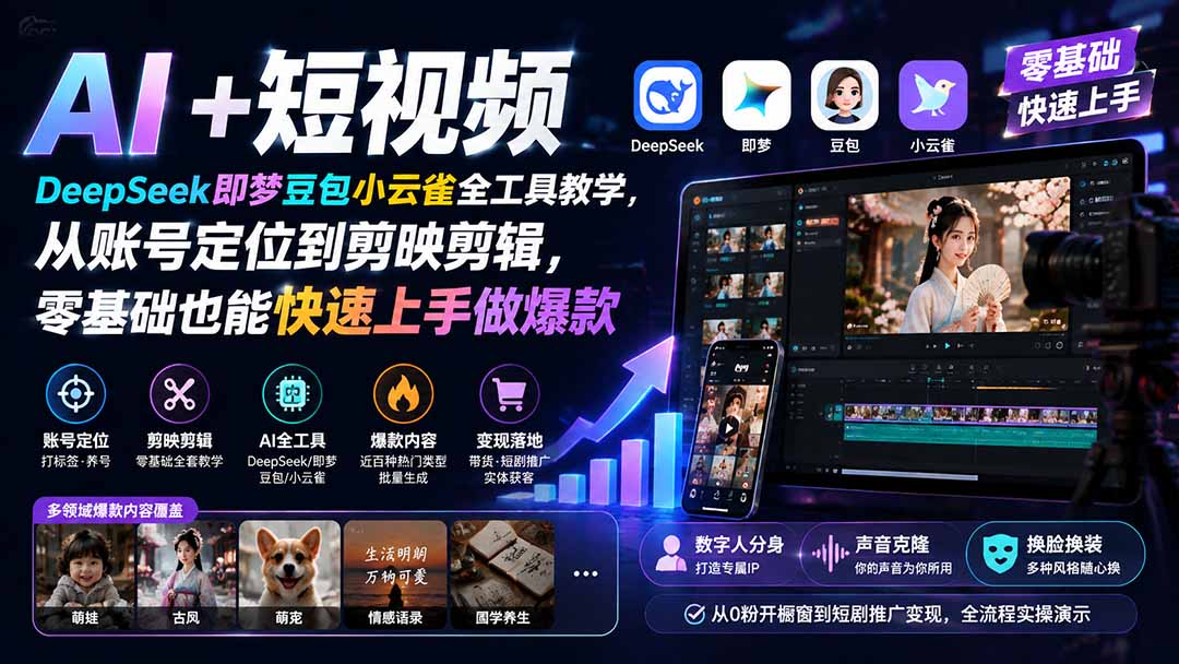 AI+短视频｜DeepSeek即梦豆包小云雀全工具教学，从账号定位到剪映剪辑，零基础也能快速上手做爆款-龙大资源