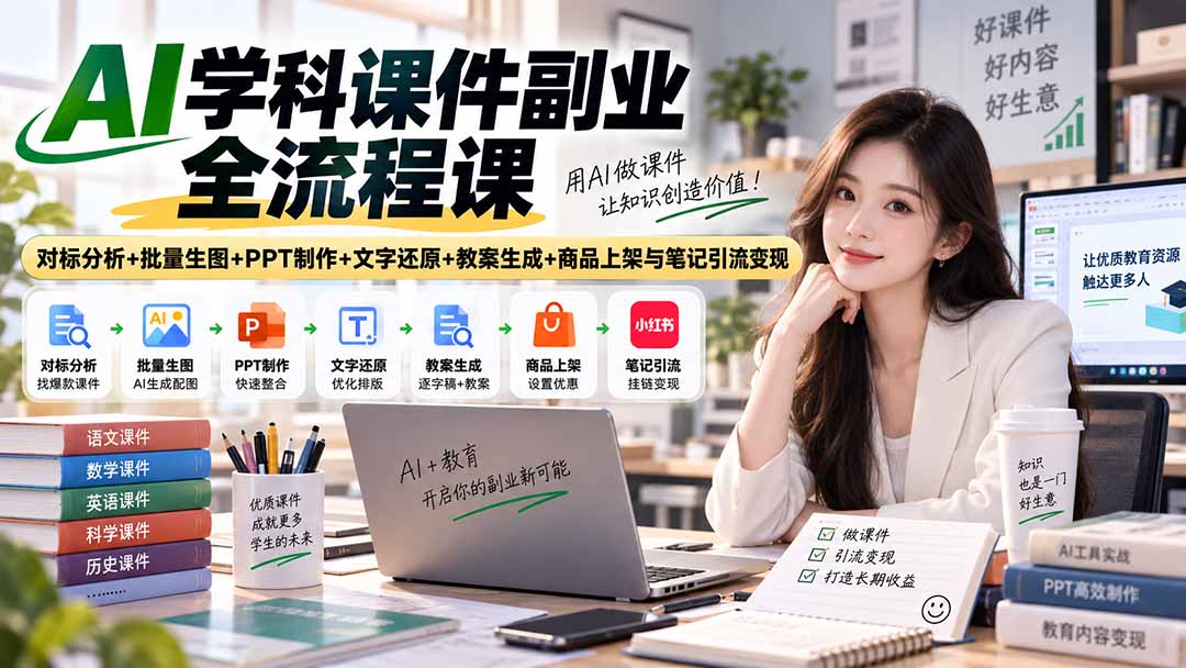 AI学科课件副业全流程课｜对标分析+批量生图+PPT制作+文字还原+教案生成+商品上架与笔记引流变现-龙大资源