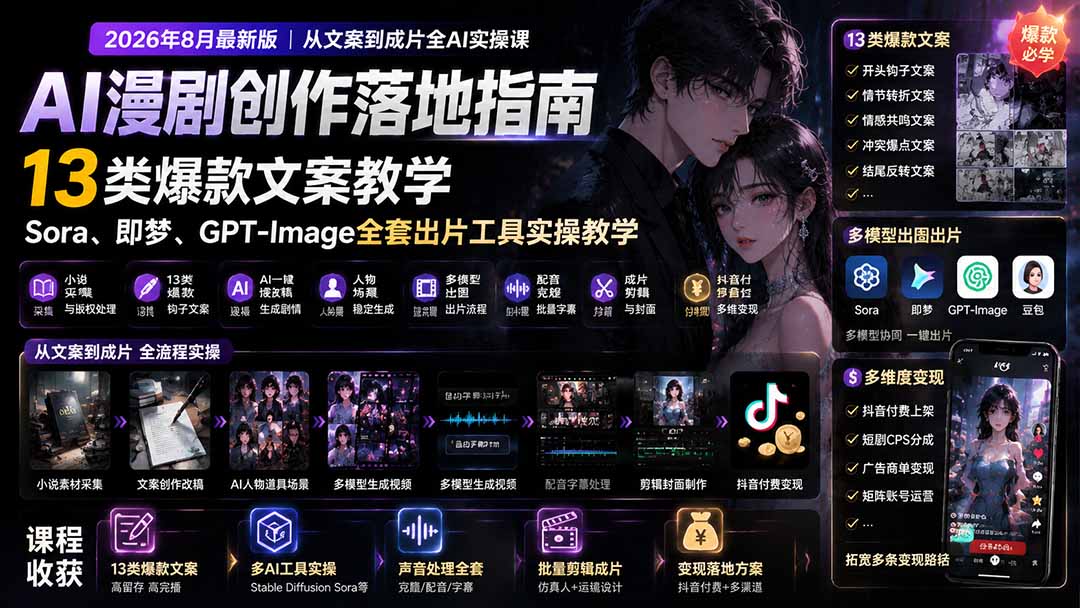 AI漫剧创作落地指南|13类爆款文案教学,Sora、即梦、GPT-Image全套出片工具实操教学-龙大资源