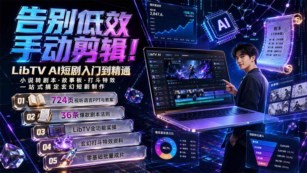 告别低效手动剪辑!LibTV AI短剧入门到精通,小说转剧本方法,故事板打斗特效一站式搞定玄幻短剧制作-龙大资源