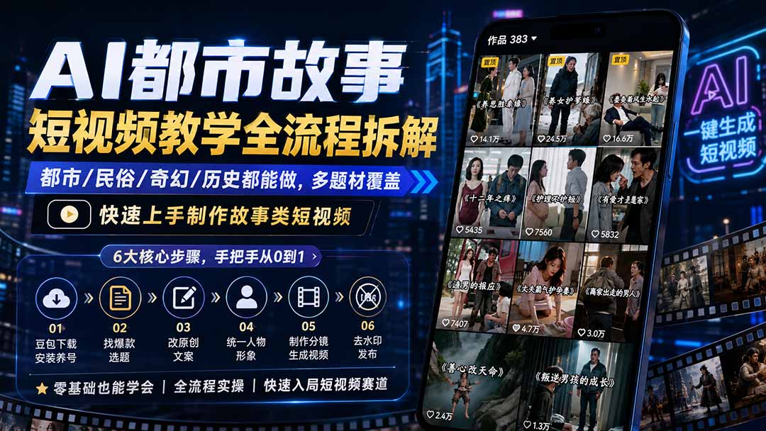 AI都市故事短视频教学全流程拆解;都市/民俗/奇幻/历史都能做多题材覆盖,快速上手制作故事类短视频-龙大资源