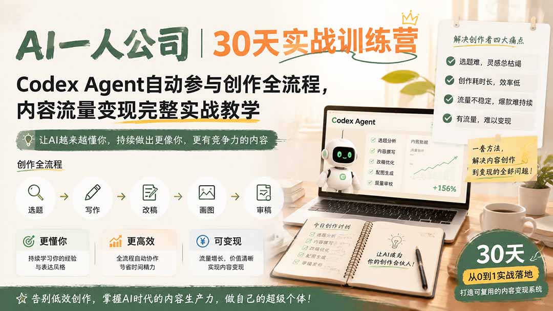 AI一人公司|30天实战训练营;Codex Agent自动参与创作全流程,内容流量变现完整实战教学-龙大资源