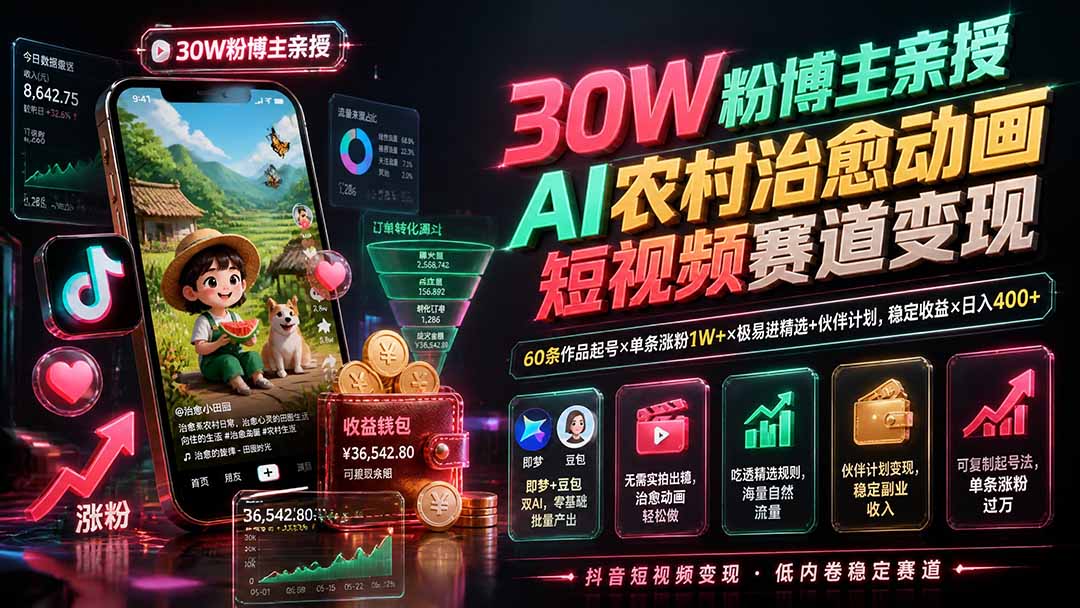 30W粉博主亲授AI农村治愈动画短视频赛道变现:60条作品起号×单条涨粉1W+×极易进精选+伙伴计划,稳定收益×日入400+-龙大资源