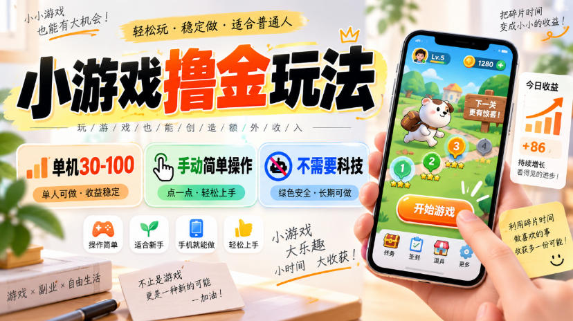 小游戏撸金玩法，单机30-100，手动简单操作，不需要科技-龙大资源