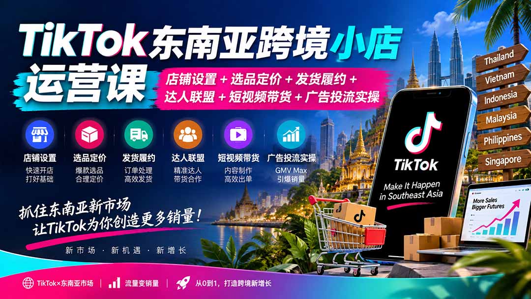 TikTok东南亚跨境小店运营课：店铺设置+选品定价+发货履约+达人联盟+短视频带货+广告投流实操-龙大资源