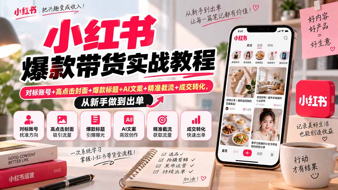 小红书爆款带货实战教程｜对标账号+高点击封面+爆款标题+AI文案+精准截流+成交转化，从新手做到出单-龙大资源