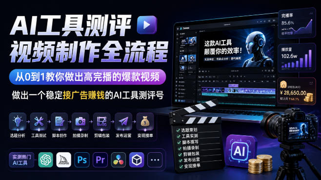 AI工具测评视频制作全流程，从0到1教你做出高完播的爆款视频，做出一个稳定接广告賺钱的AI工具测评号-龙大资源