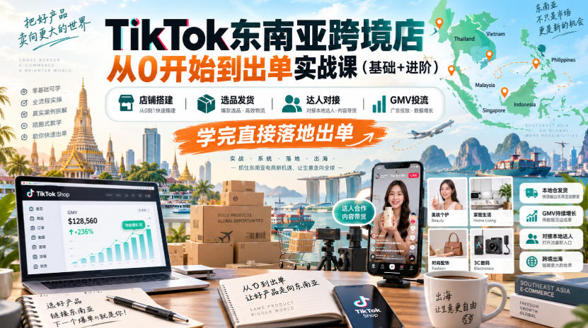 TikTok东南亚跨境店从0开始到出单实战课(基础+进阶)，店铺搭建、选品发货、达人对接、GMV投流，学完直接落地出单-龙大资源