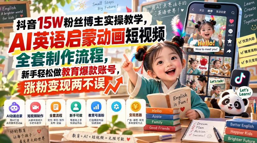 抖音15W粉丝博主实操教学，AI英语启蒙动画短视频全套制作流程，新手轻松做教育爆款账号，涨粉变现两不误-龙大资源