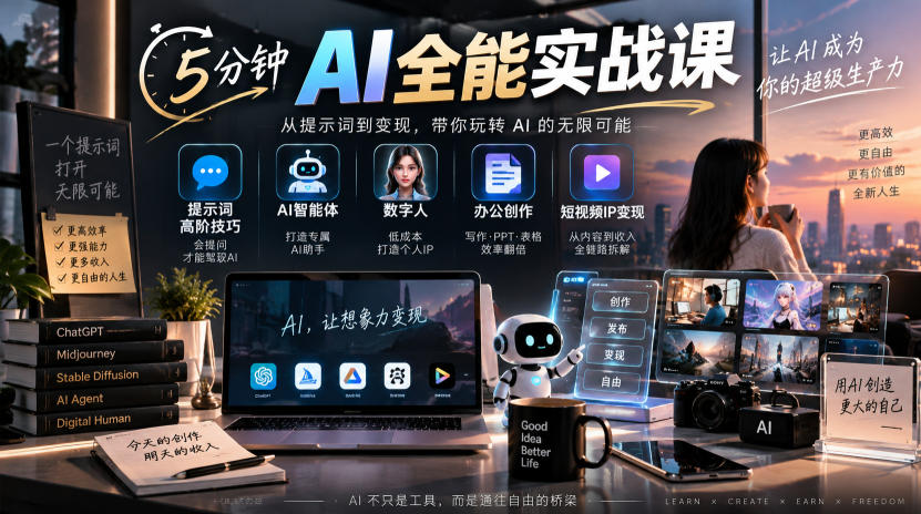 5分钟AI全能实战课｜提示词高阶技巧+AI智能体+数字人+办公创作+短视频IP变现全教程-龙大资源
