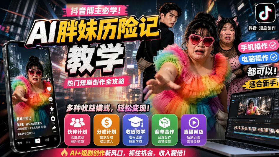 抖音博主的AI胖妹历险记教学，伙伴计划+分成计划+收徒+商单等多种收益，适合新手，手机电脑都可以操作-龙大资源