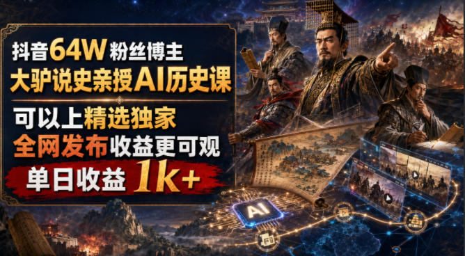 抖音64W粉丝博主大驴说史亲授AI历史课，可以上精选独家，全网发布收益更可观，单日收益1k+(更新)-龙大资源
