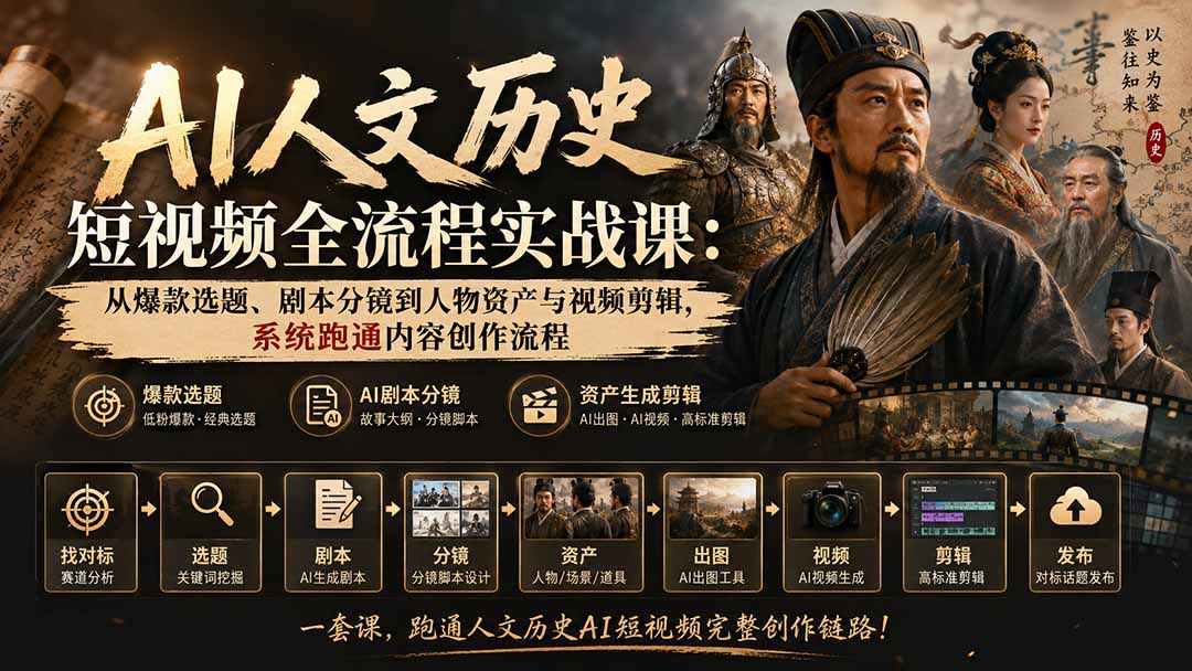 AI人文历史短视频全流程实战课-更新：从爆款选题、剧本分镜到人物资产与视频剪辑，系统跑通内容创作流程-龙大资源