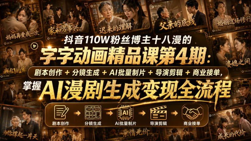 抖音110W粉丝博主十八漫的字字动画精品课第4期：剧本创作+分镜生成+剪辑+商业接单，掌握AI漫剧生成变现全流程(更新0916)-龙大资源
