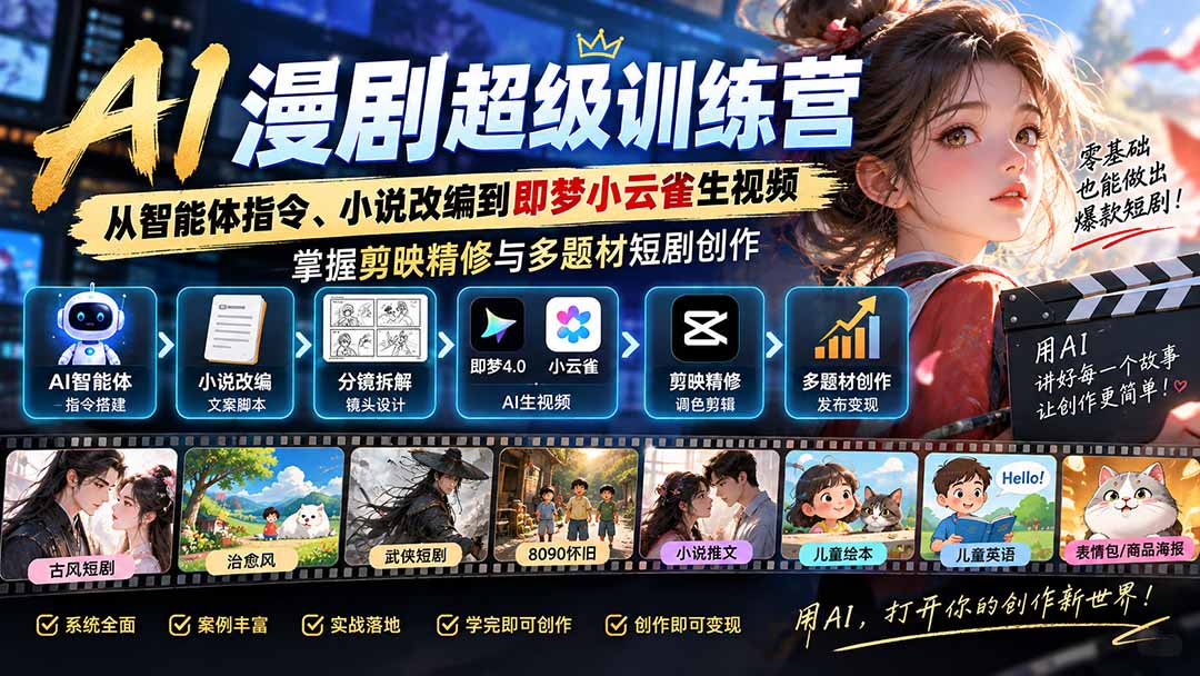 AI漫剧超级特训营：从智能体指令、小说改编到即梦小云雀生视频，掌握剪映精修与多题材短剧创作-龙大资源
