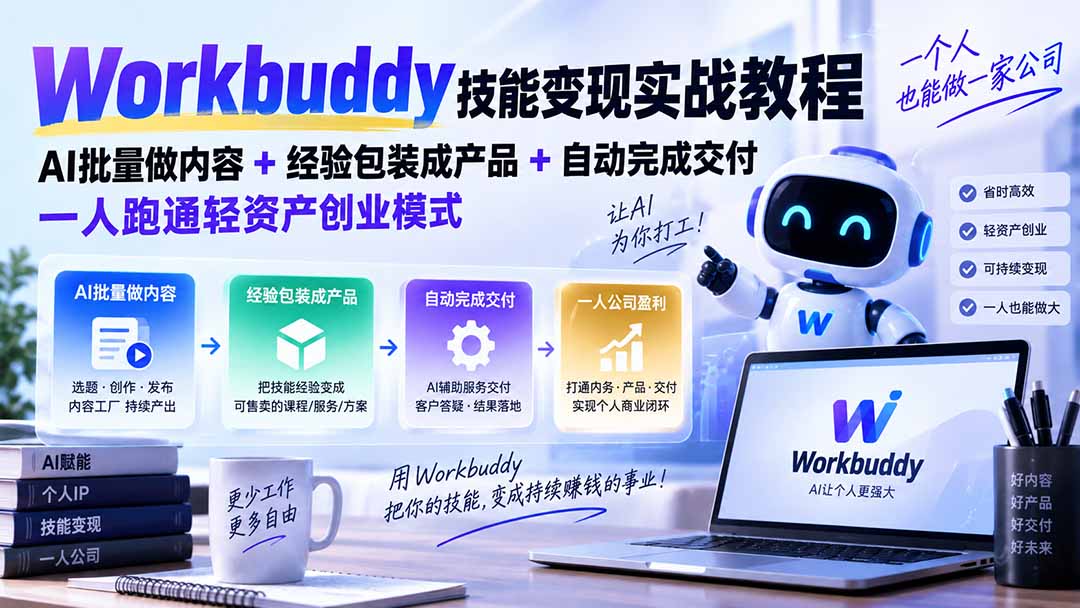 Workbuddy技能变现实战教程：AI批量做内容+经验包装成产品+自动完成交付，一人跑通轻资产创业模式-龙大资源