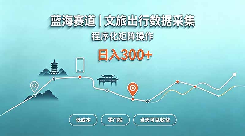 蓝海赛道  文旅出行数据采集  程序化矩阵操作    低成本  零门槛   当天可见收益   日入300+-龙大资源