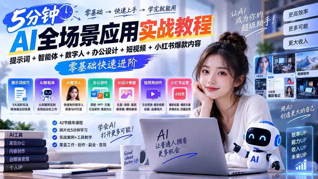 AI全场景应用实战教程｜提示词+智能体+数字人+办公设计+短视频+小红书爆款内容，零基础快速进阶-龙大资源