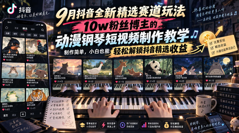 9月抖音全新精选赛道玩法，10w粉丝博主的动漫钢琴短视频制作教学，制作简单，小白也能轻松解锁抖音精选收益-龙大资源