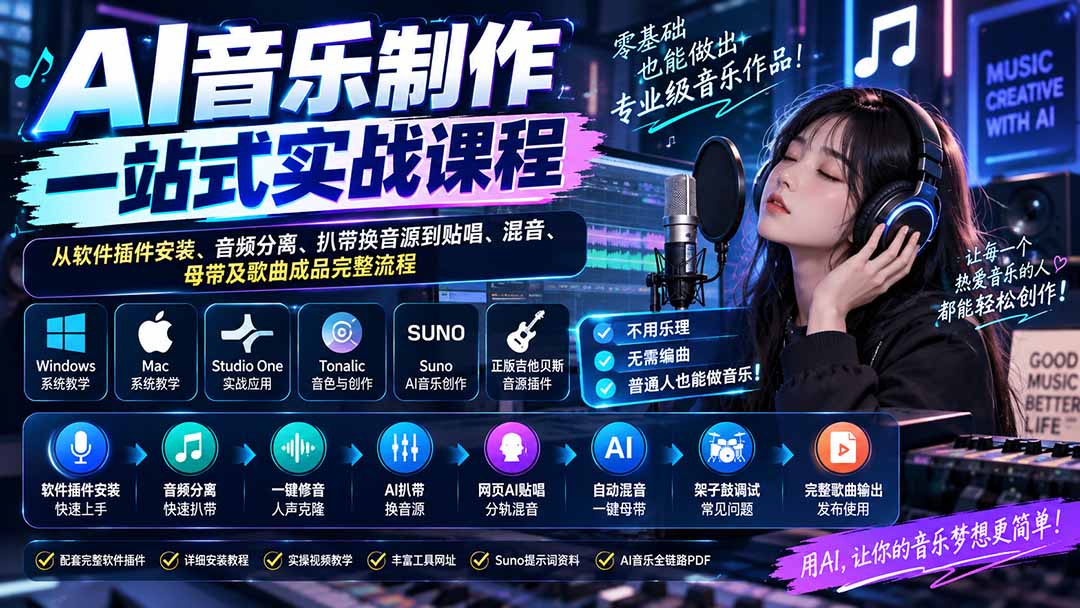 AI音乐制作一站式实战课程：从软件插件安装、音频分离、扒带换音源到贴唱、混音、母带及歌曲成品完整流程-龙大资源