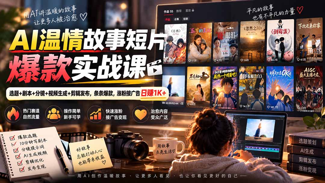 AI温情故事短片爆款实战课-更新｜选题+剧本+分镜+视频生成+剪辑发布，条条爆款，涨粉接广告日赚1K+-龙大资源