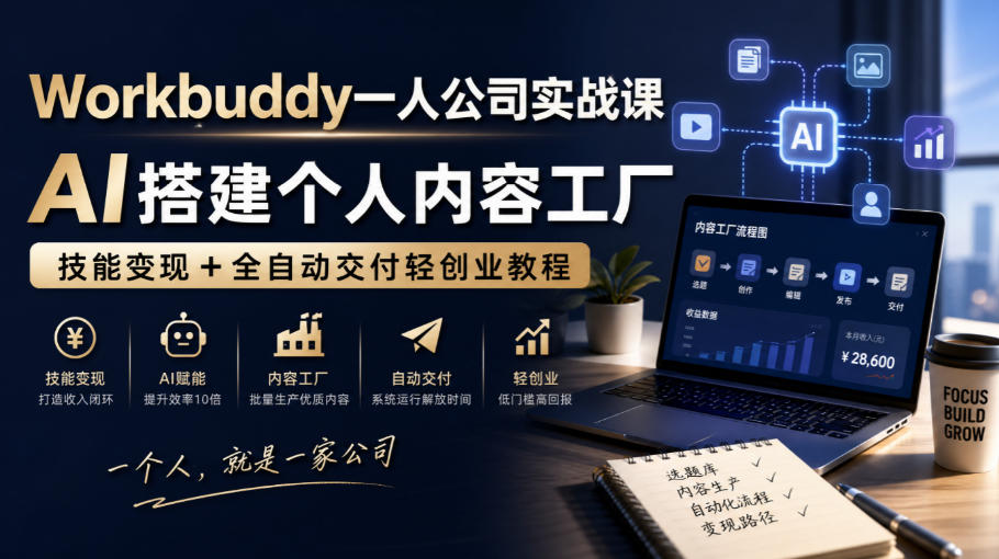 Workbuddy一人公司实战课，AI搭建个人内容工厂，技能变现+全自动交付轻创业教程​-龙大资源
