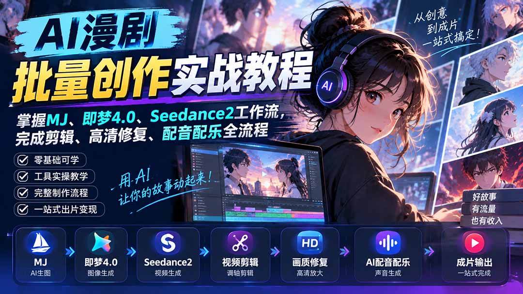AI漫剧批量创作实战教程：掌握MJ、即梦4.0、Seedance2工作流，完成剪辑、高清修复、配音配乐全流程-龙大资源