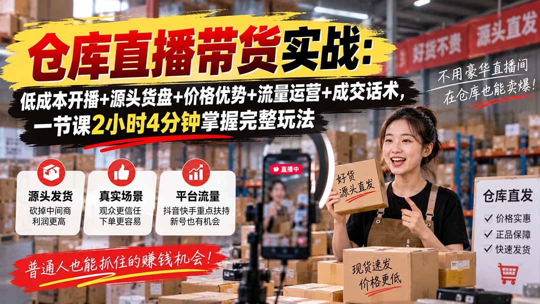 仓库直播带货实战：低成本开播+源头货盘+价格优势+流量运营+成交话术，一节课2小时4分钟掌握完整玩法-龙大资源