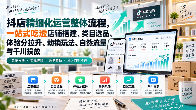 李哥电商-抖店精细化运营整体流程，一站式吃透店铺搭建、类目选品、体验分拉升、动销玩法、自然流量与千川投放-龙大资源