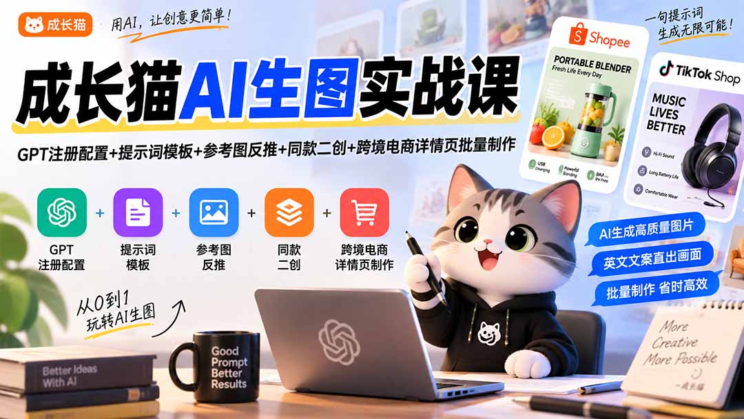 成长猫AI生图实战课｜GPT注册配置+提示词模板+参考图反推+同款二创+跨境电商详情页批量制作-龙大资源