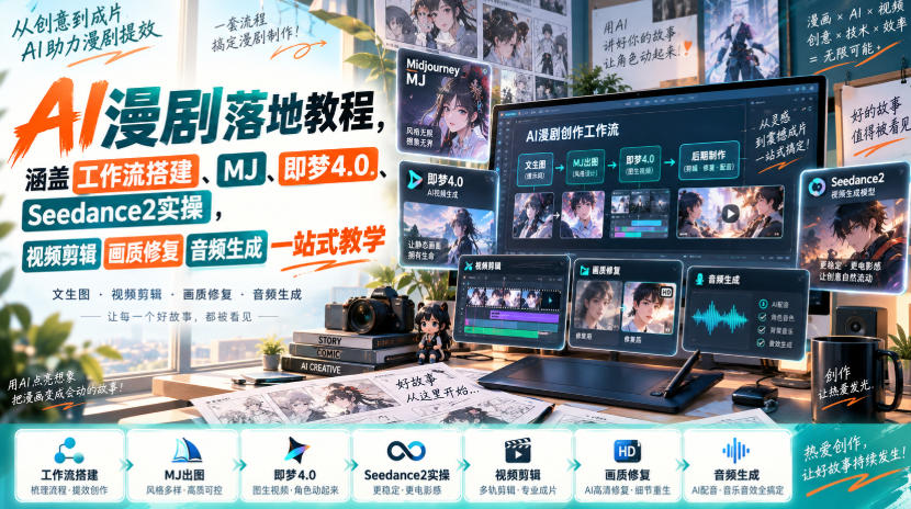 AI漫剧落地教程，涵盖工作流搭建、MJ、即梦4.0、Seedance2实操，视频剪辑画质修复音频生成一站式教学-龙大资源