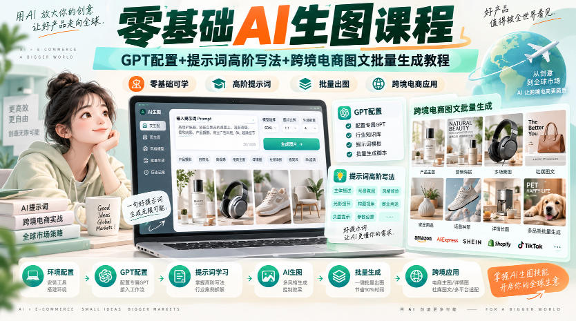 零基础AI生图课程，GPT配置+提示词高阶写法+跨境电商图文批量生成教程-龙大资源
