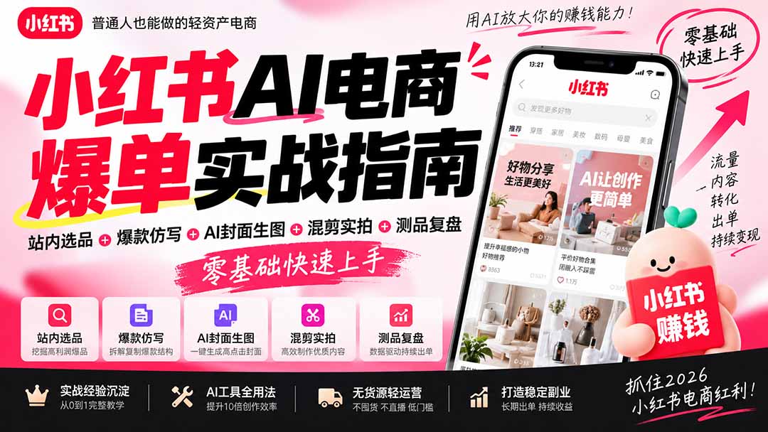 2026小红书AI电商爆单实战指南:站内选品+爆款仿写+AI封面生图+混剪实拍+测品复盘,零基础快速上手-龙大资源