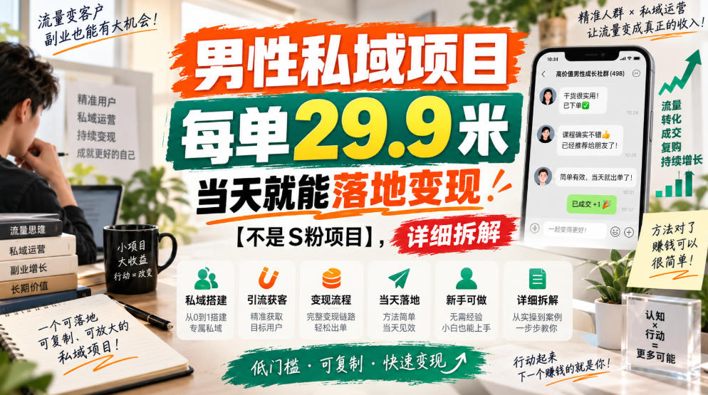 男性私域项目,每单29.9米,当天就能落地变现【不是S粉项目】,详细拆解-龙大资源