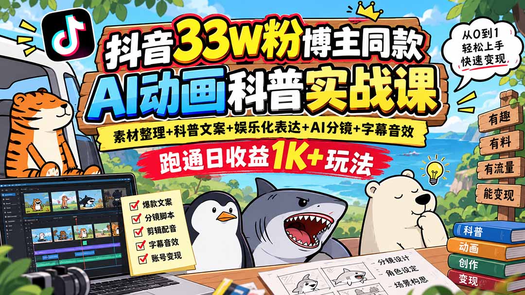 抖音33W粉博主同款AI动画科普实战课｜素材整理+科普文案+娱乐化表达+AI分镜+字幕音效，跑通日收益1K+玩法-龙大资源