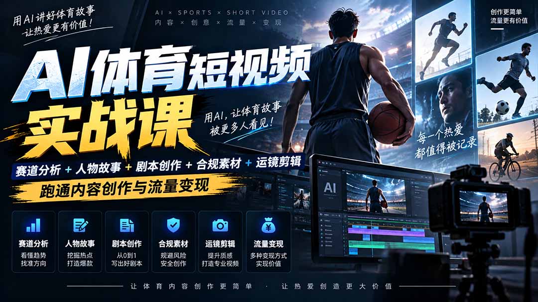 AI体育短视频赛道顶级玩法|赛道分析+人物故事+剧本创作+版权处理+运镜剪辑,跑通流量变现-日赚1K+-龙大资源